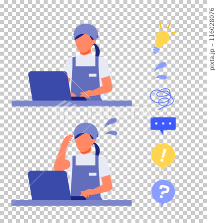 エプロンの小売店員の女性の問題解決のイラスト PC エプロンの小売店員の女性の問題解決のイラスト PC 116028076