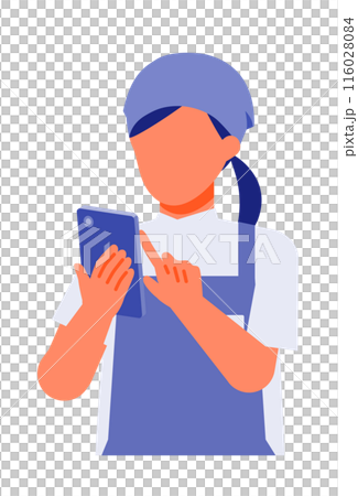 Illustration of a female retail clerk in an apron solving a problem with a smartphone 116028084