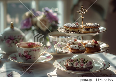 Cupcakes with a golden crown and a cup of tea on a table Cupcakes with a golden crown and a cup of tea on a table 116028195