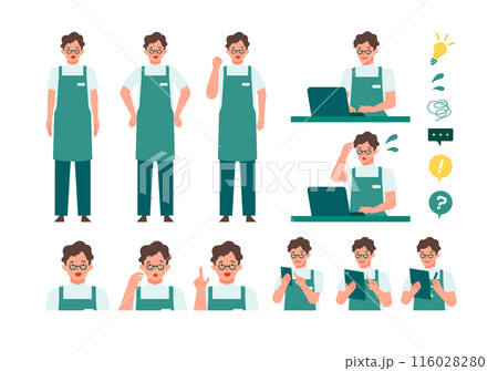 カフェや花屋の店員男性の問題解決のイラスト 問題解決 カフェや花屋の店員男性の問題解決のイラスト 問題解決 116028280
