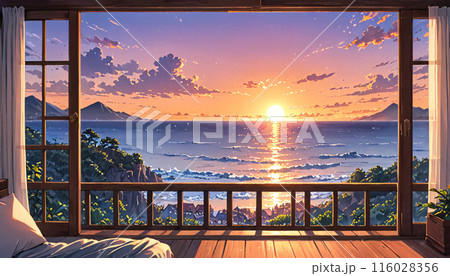 窓から見る夕日 116028356