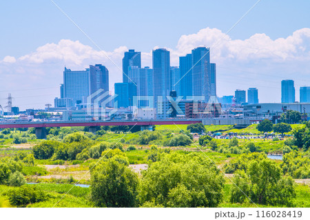 日本の東京都市景観 6月…二子玉川駅近くの多摩川や武蔵小杉駅前のタワマン群（奥）＝8日 116028419