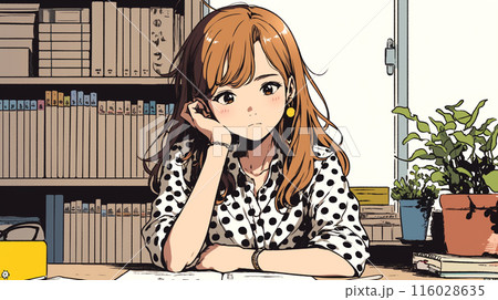 図書館でほーっと考え事をしている若い女性