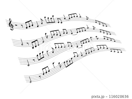 ウェーブ状の楽譜：五線譜に並ぶ音符の背景ベクターイラスト 116028636