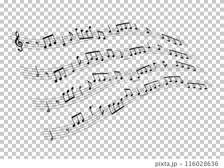 ウェーブ状の楽譜：五線譜に並ぶ音符の背景ベクターイラスト 116028636