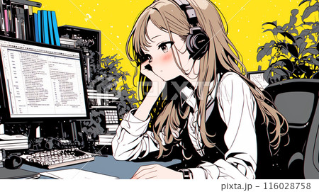 デスクでPC操作をしている待機中の女性オペレータ