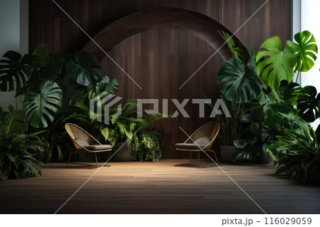Harmonious green hues unfold as Monstera leaves grace a wooden backdrop, adding natural beauty to your space Harmonious green hues unfold as Monstera leaves grace a wooden backdrop, adding natural beauty to your space 116029059