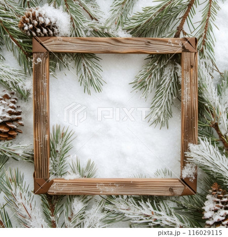 A wooden frame comes alive as it's embraced by the tranquility of snowy pine branches, creating a winter wonderland in your space A wooden frame comes alive as it's embraced by the tranquility of snowy pine branches, creating a winter wonderland in your space 116029115