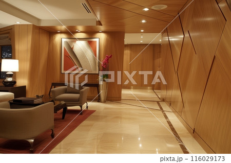 Woodworking wall surface structure with a glossy finish, creating a modern and polished aesthetic Woodworking wall surface structure with a glossy finish, creating a modern and polished aesthetic 116029173