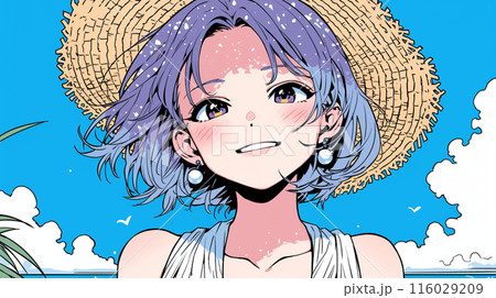 南の島の炎天下に一生懸命歩いていいる若い女性