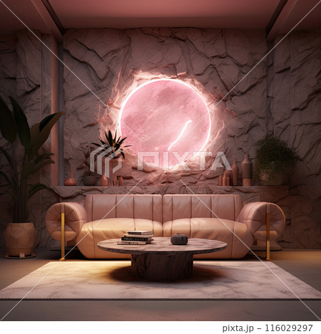 Futuristic pink interior with round window, stone walls, sofa, decor and neon lighting Futuristic pink interior with round window, stone walls, sofa, decor and neon lighting 116029297