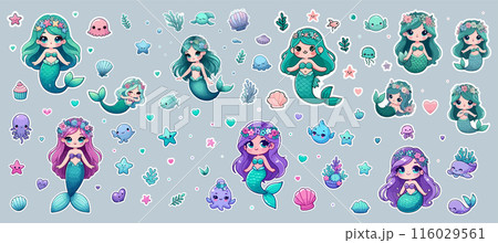 Big stickers pack. Kawaii little mermaid cartoon stickers. 116029561
