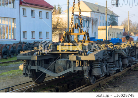 Railway car wheels at railway junction during wait repair 116029749