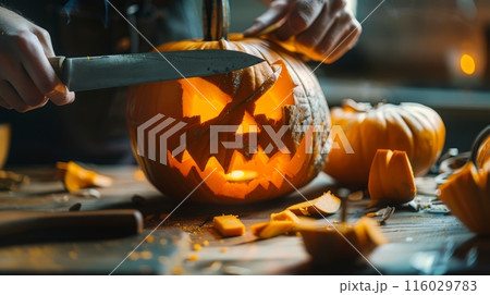 Cutting spooky Jack o lantern from pumpkin 116029783