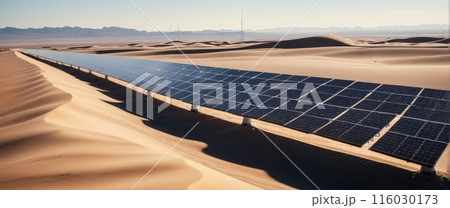 Solar power station in a desert area with a crystal clear sky and sand dunes. 116030173