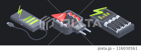 Isometric dead batteries. Alkaline metallic accumulators with red indicators, power electricity elements with low charging level flat vector illustration set. Electricity charging elements 116030561