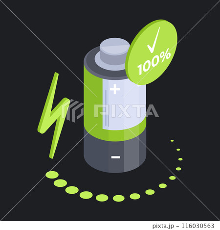 Isometric charged battery. Battery charging stage with green indicator flat vector illustration. Accumulator charging level Isometric charged battery. Battery charging stage with green indicator flat vector illustration. Accumulator charging level 116030563