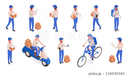 Isometric delivery couriers. Men carrying packages, delivery service workers, cargo shipping workers on foot, bicycle and bike 3d vector illustrations set. Professional couriers characters 116030565