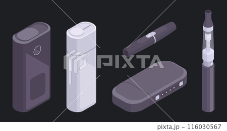 Isometric electronic cigarettes. Vape smoke accessories, digital vape pen and e-cigarette 3d vector illustration set. Vape cigarettes 116030567