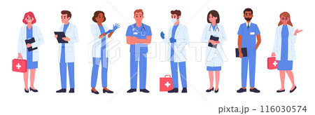 Medical clinic workers. Doctors and nurses, therapist, surgeon and anesthesiologist, paramedic and nurse, hospital professional staff flat vector illustration set. Medicine, healthcare characters Medical clinic workers. Doctors and nurses, therapist, surgeon and anesthesiologist, paramedic and nurse, hospital professional staff flat vector illustration set. Medicine, healthcare characters 116030574