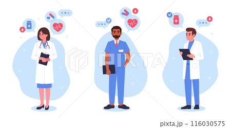 Medical hospital staff. Doctors characters, professional therapist, surgeon or neurologist, doctors wearing uniform flat vector illustration set. Hospital healthcare workers Medical hospital staff. Doctors characters, professional therapist, surgeon or neurologist, doctors wearing uniform flat vector illustration set. Hospital healthcare workers 116030575