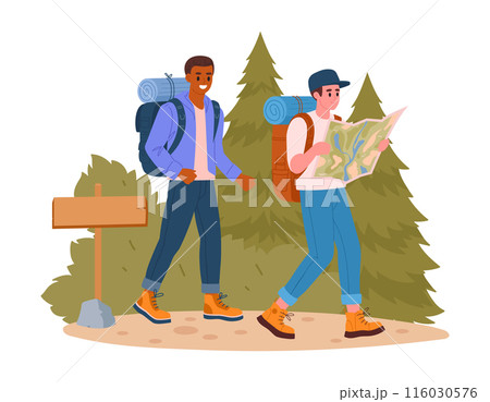 Men on hike. Hiking active tourists, male characters outdoor adventure, trekking and backpacking flat vector illustration. Guys hiking on trail Men on hike. Hiking active tourists, male characters outdoor adventure, trekking and backpacking flat vector illustration. Guys hiking on trail 116030576