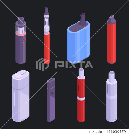 Vape smoke accessories. Isometric electronic cigarettes, digital vape pen and e-cigarette 3d vector illustration set. Vape cigarettes collection 116030579