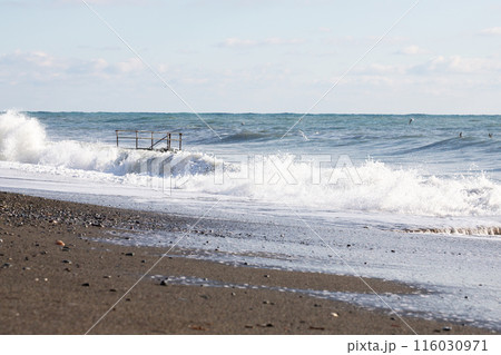 Stormy lwaves on the beach of Sochi, Russia, Black Sea 116030971