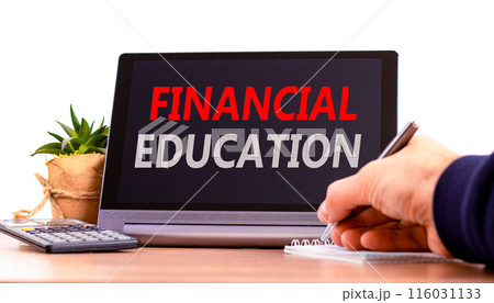 Financial education symbol. Concept words Financial education on beautiful black pad. Beautiful white background. Businessman hand. Calculator. Business Financial education concept. Copy space. Financial education symbol. Concept words Financial education on beautiful black pad. Beautiful white background. Businessman hand. Calculator. Business Financial education concept. Copy space. 116031133