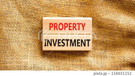 Property investment symbol. Concept words Property investment on beautiful wooden block. Beautiful canvas background. Business Property investment concept. Copy space. 116031152