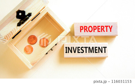 Property investment symbol. Concept words Property investment on beautiful wooden block. Beautiful white paper background. Wooden chest with coins. Business Property investment concept. Copy space. 116031153