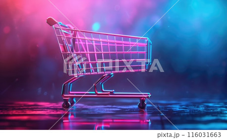 A shopping cart is shown in a neon blue and purple background by AI generated image 116031663