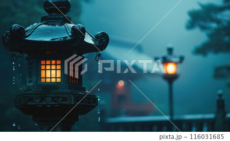 A lantern with a light inside is sitting in the rain by AI generated image 116031685