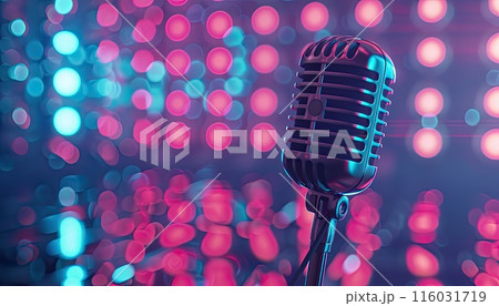 A microphone is placed on a table with a colorful background by AI generated image A microphone is placed on a table with a colorful background by AI generated image 116031719