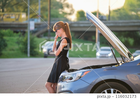 Helpless woman standing near her car with open bonnet inspecting broken motor. Young female driver having trouble with vehicle Helpless woman standing near her car with open bonnet inspecting broken motor. Young female driver having trouble with vehicle 116032173