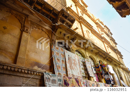 Views of Jaisalmer Fort or Sonar Quila, Arabic designs in desert yellow tones 116032951