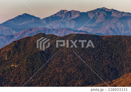 奥秩父・古礼山から見る朝焼けの乾徳山と南アルプス 奥秩父・古礼山から見る朝焼けの乾徳山と南アルプス 116033131