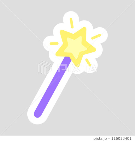 Sticker of magic wand with sparkling star on top, cartoon style vector for kids Sticker of magic wand with sparkling star on top, cartoon style vector for kids 116033401