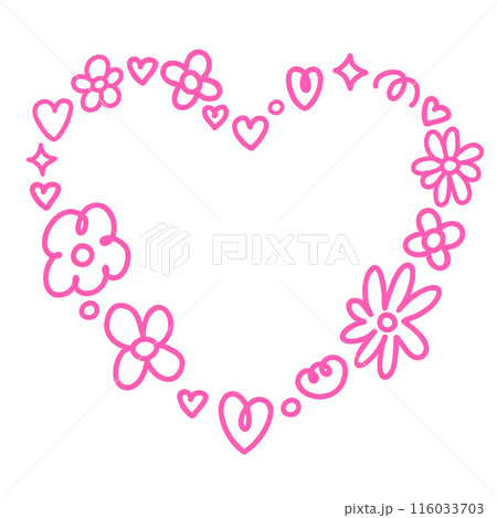 Pink monochrome flowers stars and hearts decorated heart shape. Line hand drawn doodle style illustration. Pink monochrome flowers stars and hearts decorated heart shape. Line hand drawn doodle style illustration. 116033703