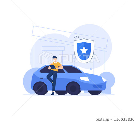 Character buying or renting car and reading auto insurance policy,Auto safety, assistance and protection concept,Car insurance services 116033830