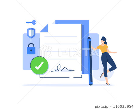 E-signature. Woman signing a legal document. Businesswoman signing online contract with digital signature. Verifying the authenticity of digital message or document 116033954