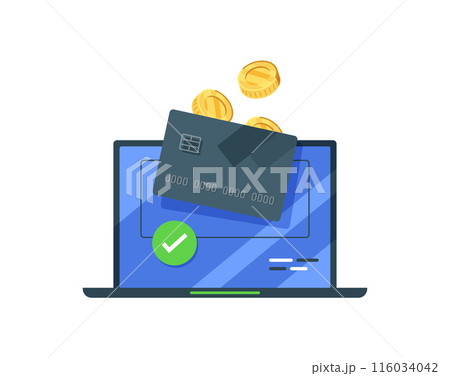 Gold coin falls on credit card,laptop with credit card flat vector illustration isolated on white background,online bank operation concept 116034042