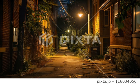 A quiet city side street at night, softly lit by street lamps, casts a serene, magical atmosphere. 116034056