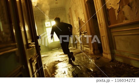 A thrilling chase unfolds in an eerie, abandoned mansion, its creaking floors and hidden passages heightening the peril. 116034272