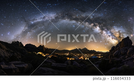 City silhouettes merge with a starry sky, the streetlights outlining an enchanting urban and celestial beauty. 116034333