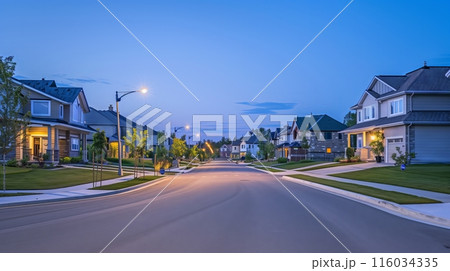 A suburban street with modern streetlights casting a cool glow over lawns and homes, perfect for evening strolls. 116034335