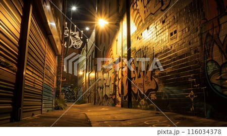 A hidden city corner where streetlights illuminate graffiti, transforming walls into vibrant story canvases. 116034378