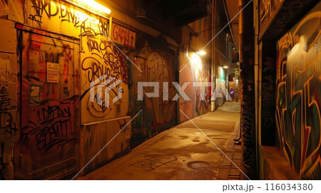 In a hidden city corner, streetlights reveal intricate graffiti, creating a vibrant, unexpected urban gallery. 116034380