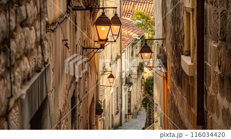 A picturesque alleyway with rustic streetlights casting a warm glow on the charming, timeless architecture. 116034420