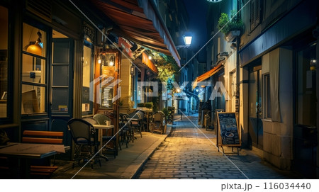 A late-night cafe street with soft lights, a cozy haven for night owls, dreamers, and lingering conversations. 116034440